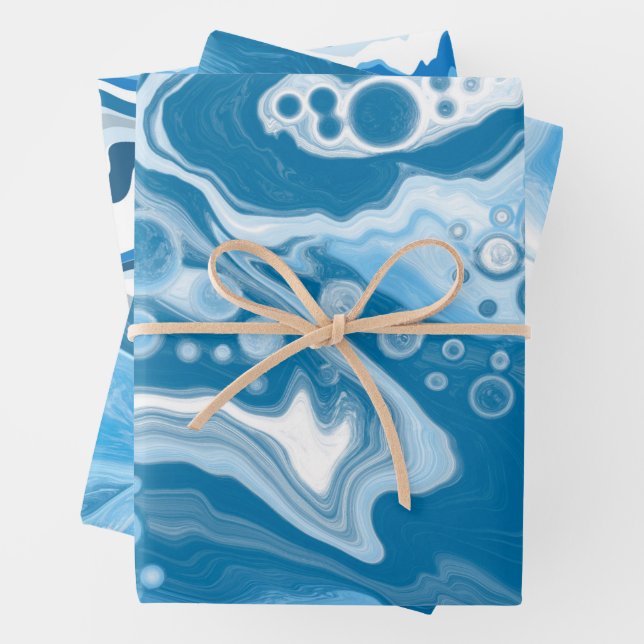 Blue and White Fluid Art Marble Wrapping Paper Sheet (In situ)