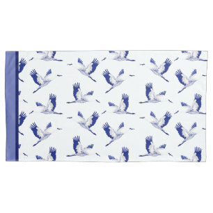 Blue and white flying cranes pillowcase