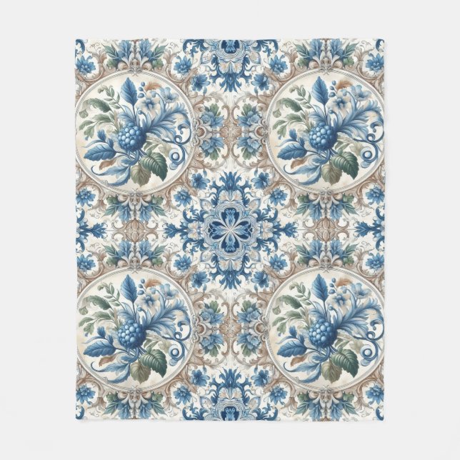 Blue and White Foliage Design  Fleece Blanket (Front)