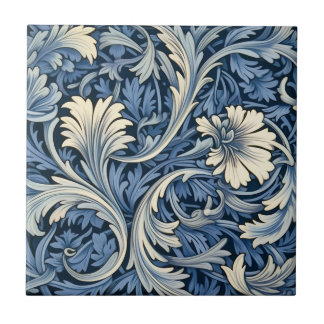 Blue and White Foliate Pattern Ceramic Tile