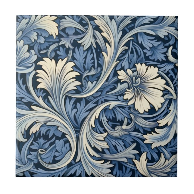 Blue and White Foliate Pattern Ceramic Tile (Front)