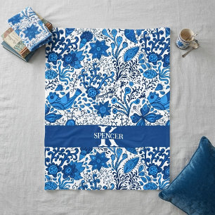 Blue and White Folk Art Monogram Fleece Blanket