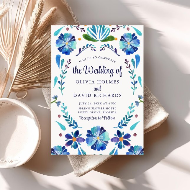 Blue and White Folk Floral Fiesta Wedding Invite (Blue and White Folk Floral Fiesta Wedding Invite on neutral boho wedding table.)