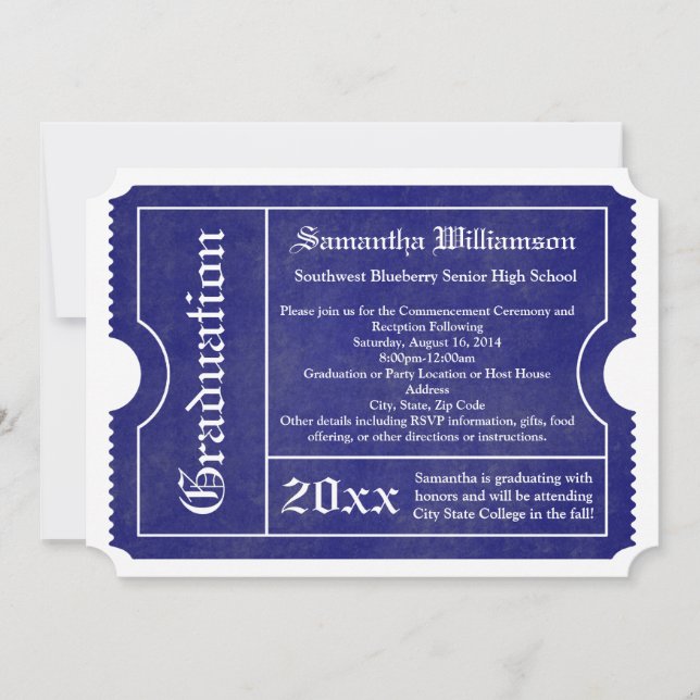 Blue and White formal Graduation Ticket Invitation (Front)