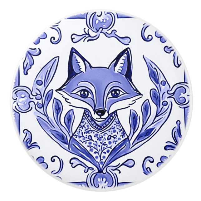 Blue and White Fox Asian Style Folk Animal Art Ceramic Knob (Front)
