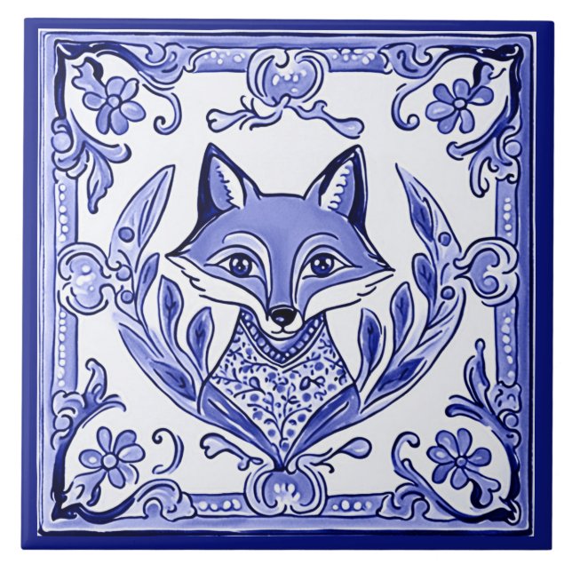 Blue and White Fox Asian Style Folk Animal Art Ceramic Tile (Front)