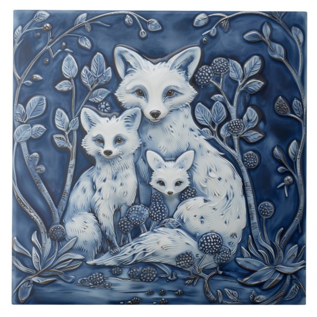 Blue and White Fox Family Wood Animals Ceramic Tile (Front)
