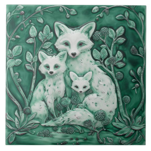 Blue and White Fox Family Wood Animals Ceramic Tile