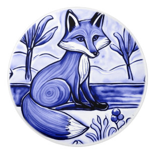 Blue and White Fox Folk Animal Art Ceramic Knob