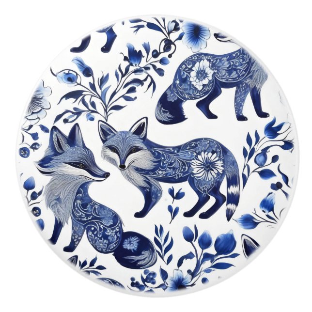 Blue and White Foxes Custom Ceramic Knob (Front)