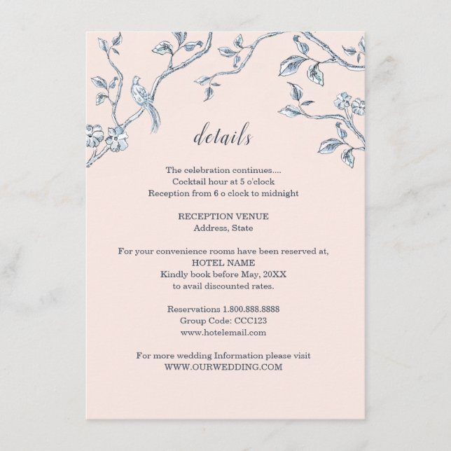 Blue and white French Toile Wedding details   Enclosure Card (Front)