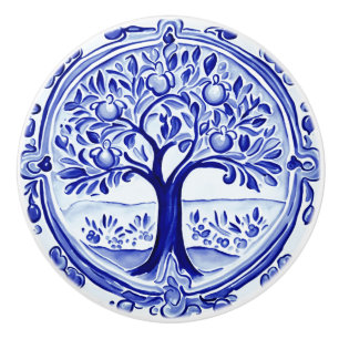Blue and White Fruit Tree Mediterranean Folk Art Ceramic Knob