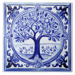 Blue and White Fruit Tree Mediterranean Folk Art Ceramic Tile<br><div class="desc">summery sicilian ceramic tile, italian hand painted pattern, mediterranean fruit tree portuguese, dark navy citrus nature, summer spring farming countryside, orchard fruits floral farm, authentic classic traditional, vintage antique rustic country, folk art spanish rural agriculture, blue and white grove</div>