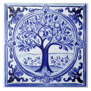 Blue and White Fruit Tree Mediterranean Folk Art Ceramic Tile