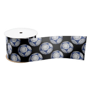 Blue and White Futbal Pattern Satin Ribbon