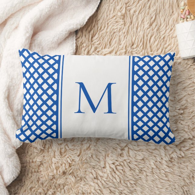 Blue and White Garden Trellis Monogram Lumbar Cushion (Blanket)
