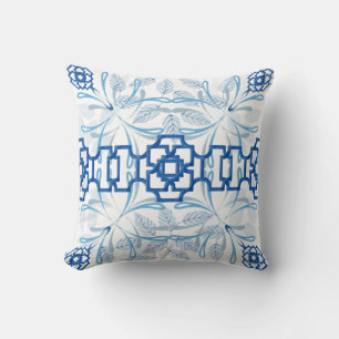Blue and White Geometric Floral Chinoiserie Cushion
