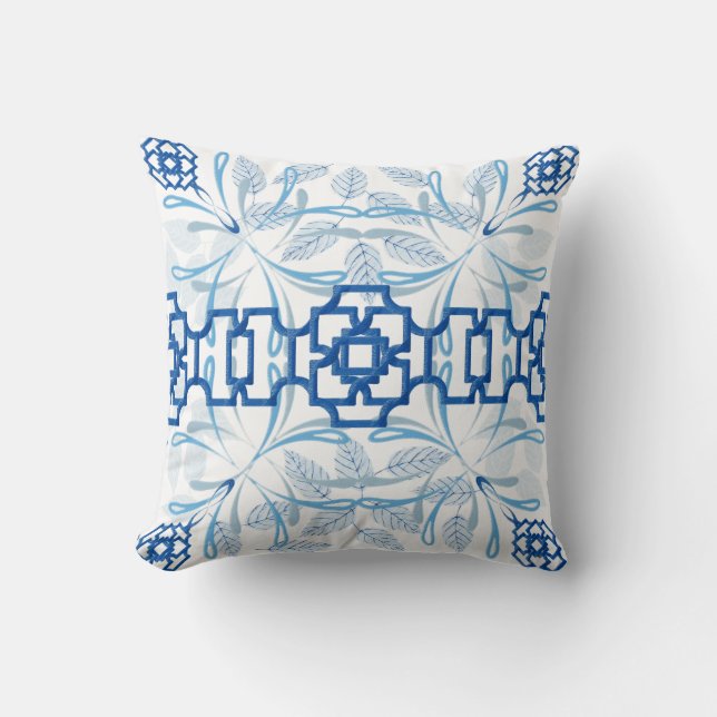 Blue and White Geometric Floral Chinoiserie Cushion (Front)