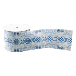 Blue and White Geometric Floral Chinoiserie Grosgrain Ribbon