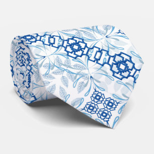 Blue and White Geometric Floral Chinoiserie Neck T Tie