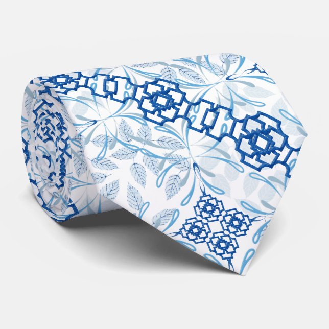 Blue and White Geometric Floral Chinoiserie Neck T Tie (Rolled)
