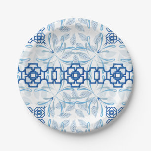 Blue and White Geometric Floral Chinoiserie Paper Plate