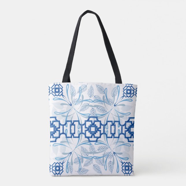 Blue and White Geometric Floral Chinoiserie Tote Bag (Back)