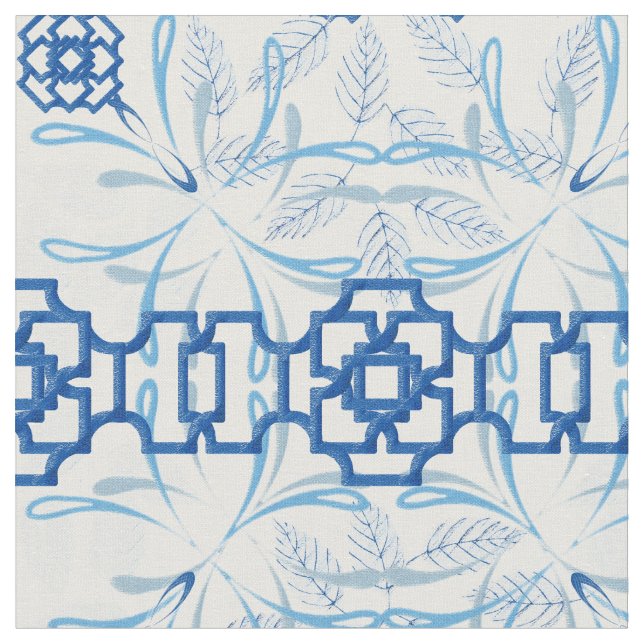 Blue and White Geometric Floral Fabric (Close Up)