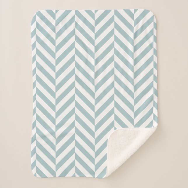 Blue and White Geometric Herringbone Pattern Sherpa Blanket (Front)