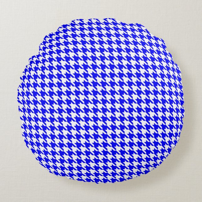 Blue and White Geometric Houndstooth Pattern Round Cushion (Front)