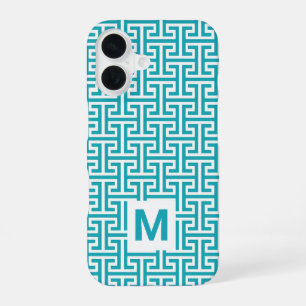 Blue and White Geometric Pattern Monogram iPhone 16 Case