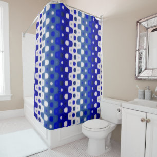 blue and white geometric shower curtain