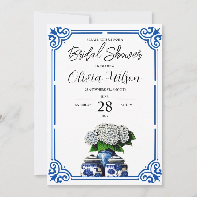 Blue and White Ginger Jar Bridal Shower Invitation (Front)