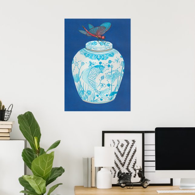Blue and white ginger jar with Dragonfly Poster (Home Office)