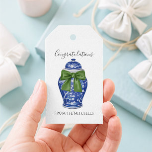 Blue and White Ginger Jar with Green Bow Gift Tags