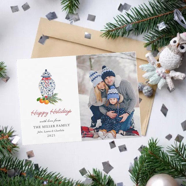 Blue and white Ginger jar with photo Holiday Card (Creator Uploaded)