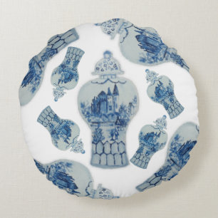 Blue and White Ginger Jars  Round Throw Pillow