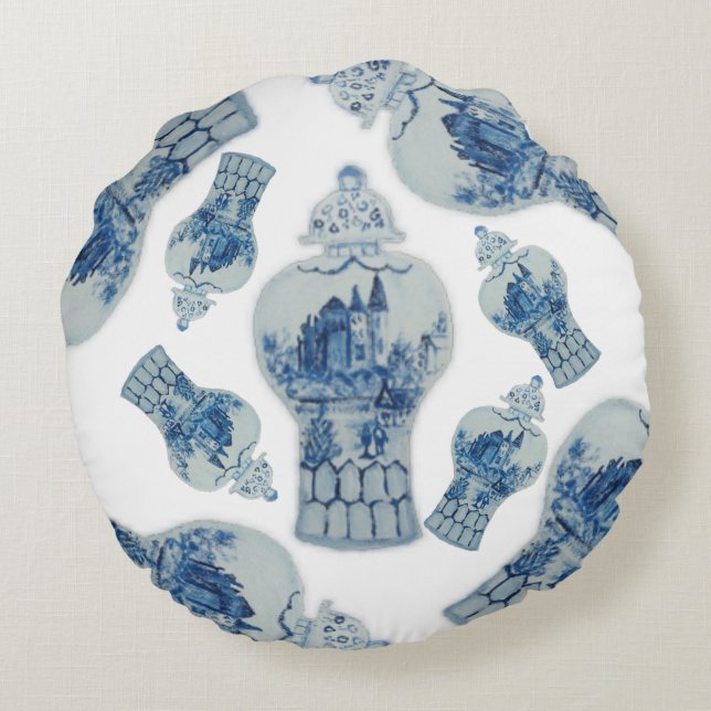 Blue and White Ginger Jars  Round Throw Pillow (Back)