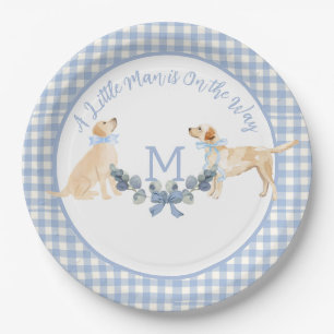 Blue and White Gingham Baby Shower Welcome Sign Paper Plate