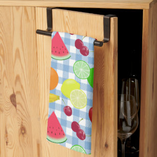 Blue and White Gingham Check Fruits Tea Towel