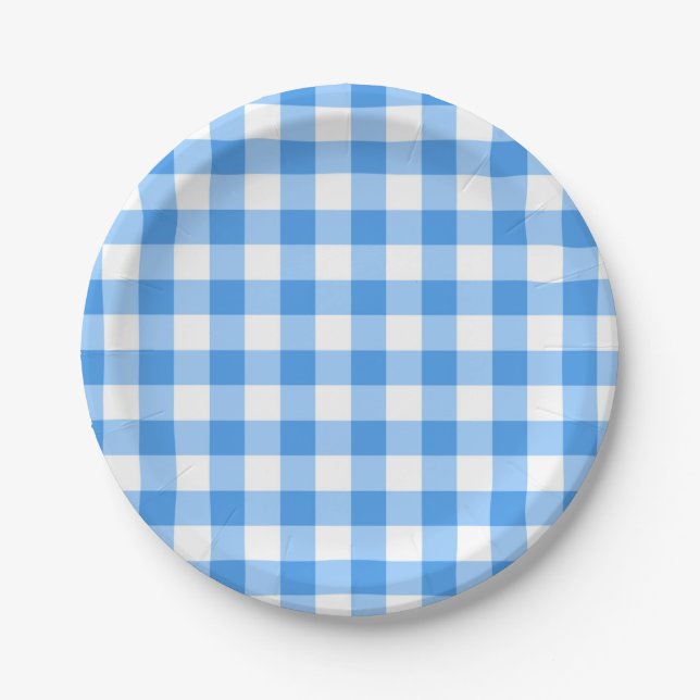 Blue And White Gingham Check Pattern Paper Plate (Front)
