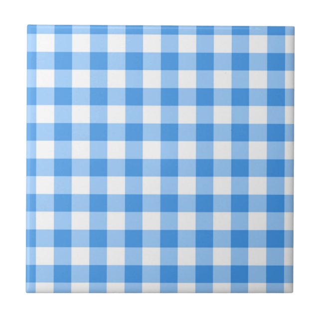 Blue And White Gingham Check Pattern Tile (Front)