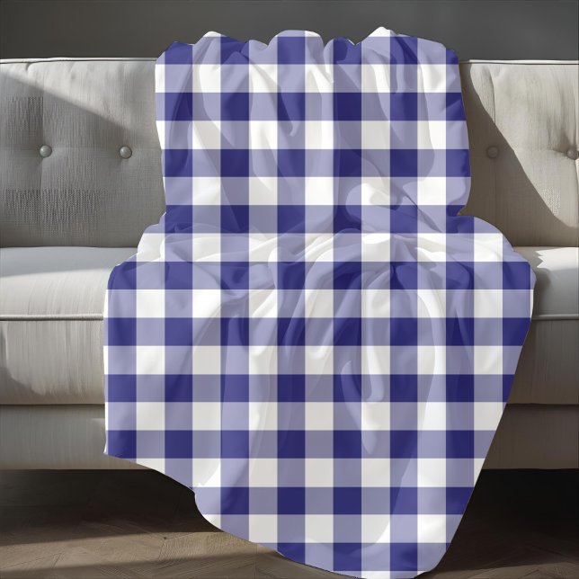Blue And White Gingham Checks Pattern Fleece Blanket (Classic Blue Plaid Gingham Pattern Fleece Blanket)
