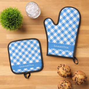 Blue And White Gingham Farmhouse Personalised Oven Mitt & Pot Holder Set