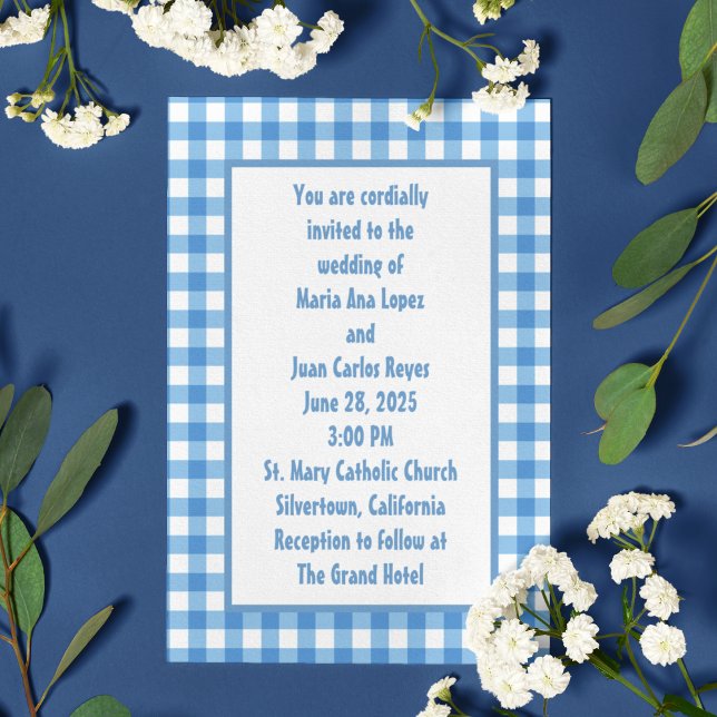 Blue and White Gingham Frame Wedding Invitation (Creator Uploaded)