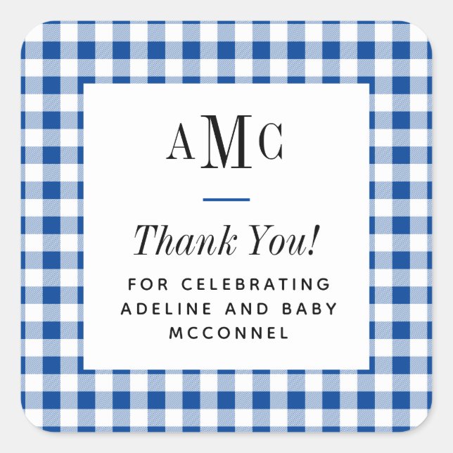 Blue and White Gingham Monogram Thank You Square Sticker (Front)