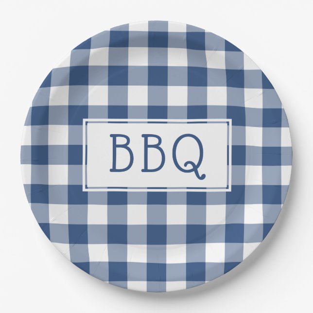Blue and White Gingham Pattern BBQ Party Paper Plate (Front)