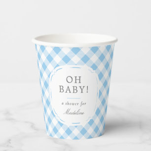 Blue and White Gingham Pattern Oh Baby Boy Shower Paper Cups