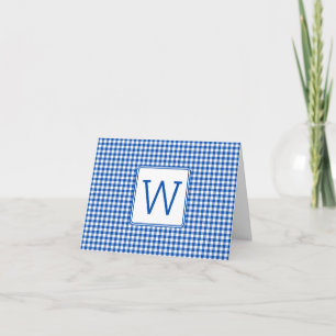 Blue and White Gingham Plaid Monogram Note Card