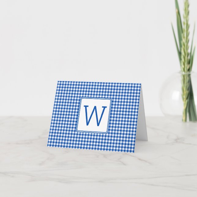 Blue and White Gingham Plaid Monogram Note Card (Front)